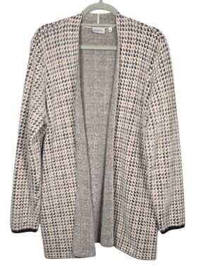 Cyrus Open Front Cardigan Sweater Gray Tan Houndstooth Knit XL